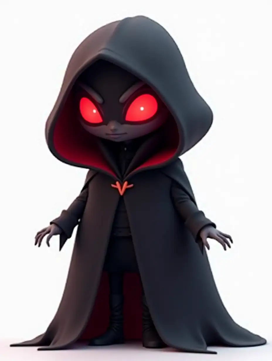 Shadow vampire with piercing red eyes and flowing black cloak,3d, cartoon style, fantasy, bright colors, blank background