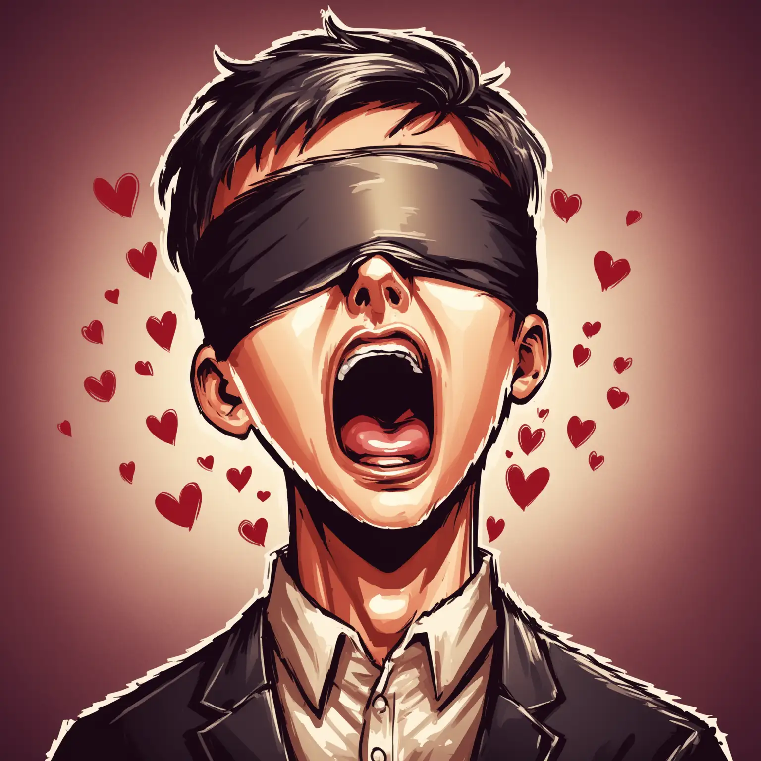 Shocked Young Man in Romantic Caricature Art with Blindfold