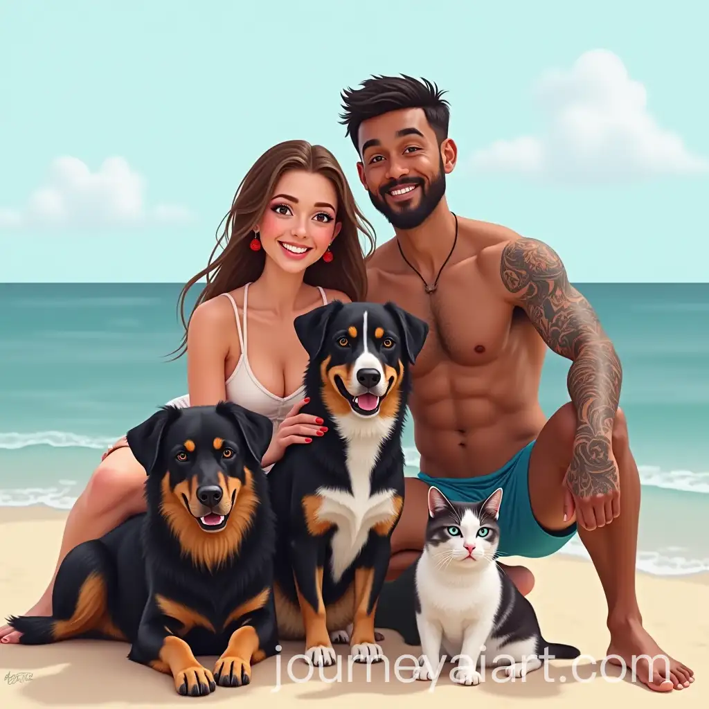 Happy-Family-with-Dogs-and-Cats-at-the-Beach