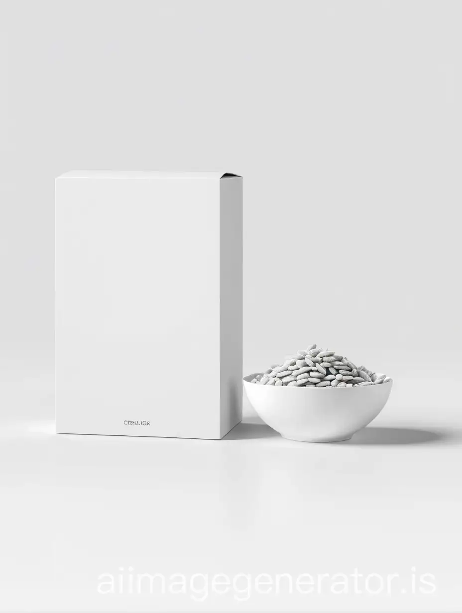 3D Rendering, A white cardboard box, positioned on the left side of the image, stands upright.  A white bowl, filled with a pile of light gray cereal rings, is on the right side of the image, slightly angled toward the viewer.  The box and the bowl are the primary objects. The background is a uniform, light gray, creating a minimalist and clean presentation.  The lighting is even, casting no significant shadows. The perspective is a slightly high-angle, straight-on view.  The composition is straightforward and uncluttered, focusing on the product presentation. The style is minimalist and commercial; the focus is product display, not emotional or artistic expression.  There are no visible seams, creases, or imperfections in the box or bowl. The overall impression is of a product mockup for a cereal box and bowl, emphasizing purity and simplicity.