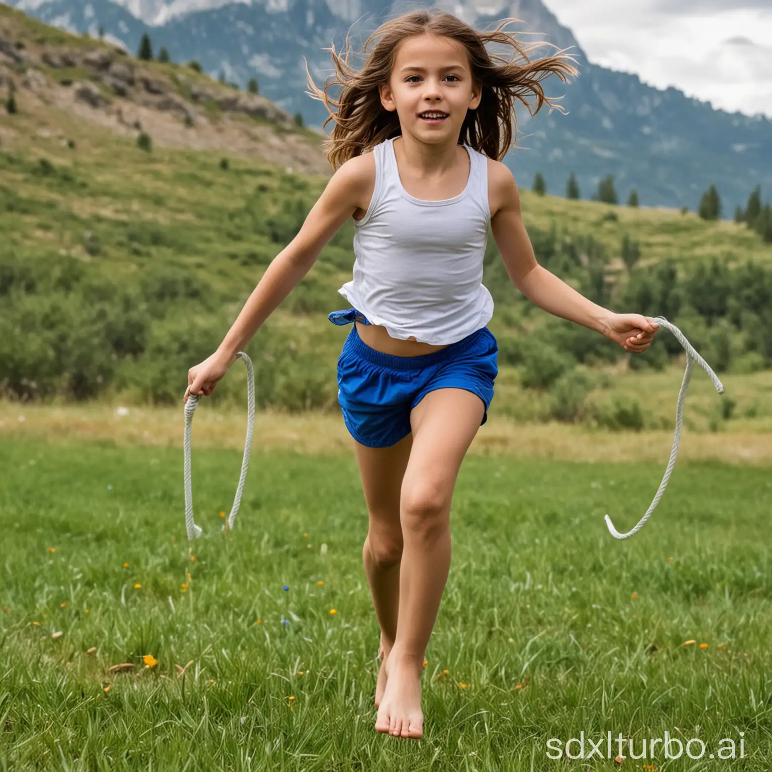 Young-Girl-Skipping-Rope-Barefoot-on-Grass-with-Mountain-Background