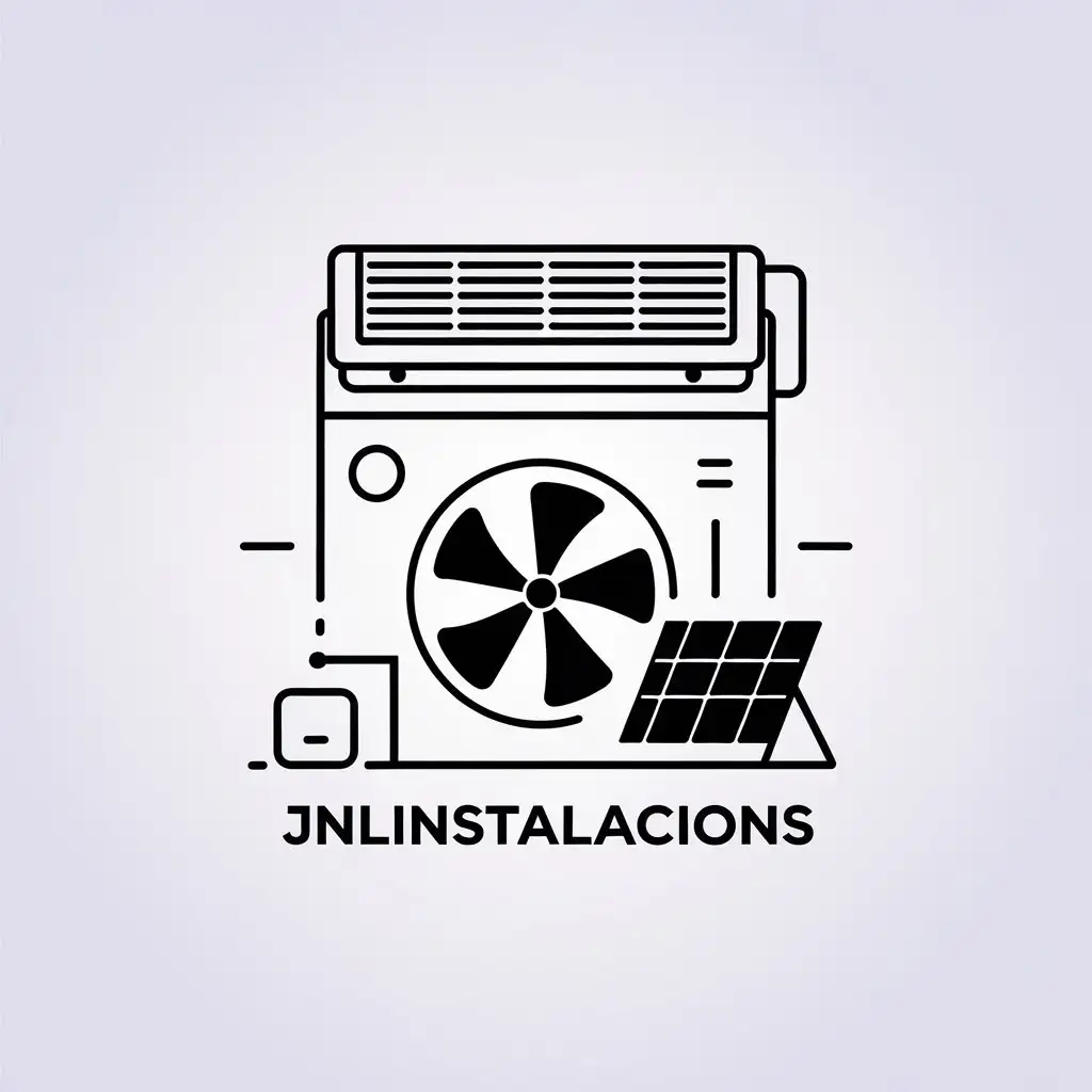 a vector logo design,with the text "jnlinstalacions", main symbol:air conditioning, show a fan and related to temperature cold/hot and then show something also related to solar panels. In black and white,Minimalistic,be used in Construction industry,clear background