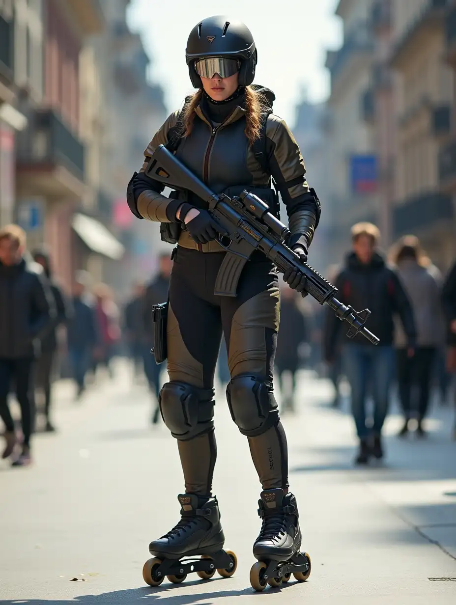 a 17 year old airsoft geared woman at a distance, she is skating on a street, holding a weapon, ordinary people in background, clothes have racing colors, she is wearing lots of functional sportswear, cycling gloves, airsoft helmet with transparent visor over eyes, smartwatch, thick plastic knee pads, modern inline skates with complete organized wheels