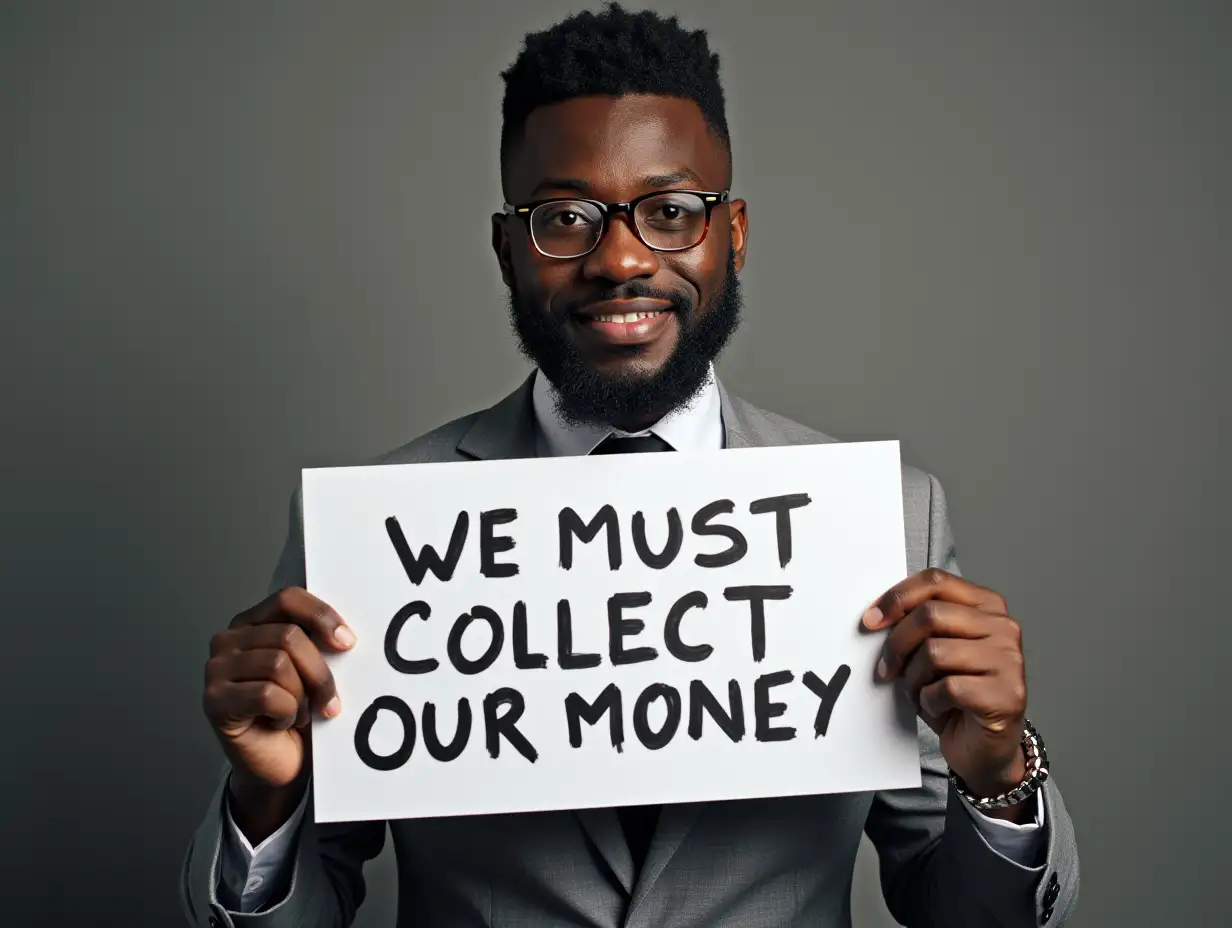 A black man dressed professionally holding a sign written 'WE MUST COLLECT OUR MONEY'