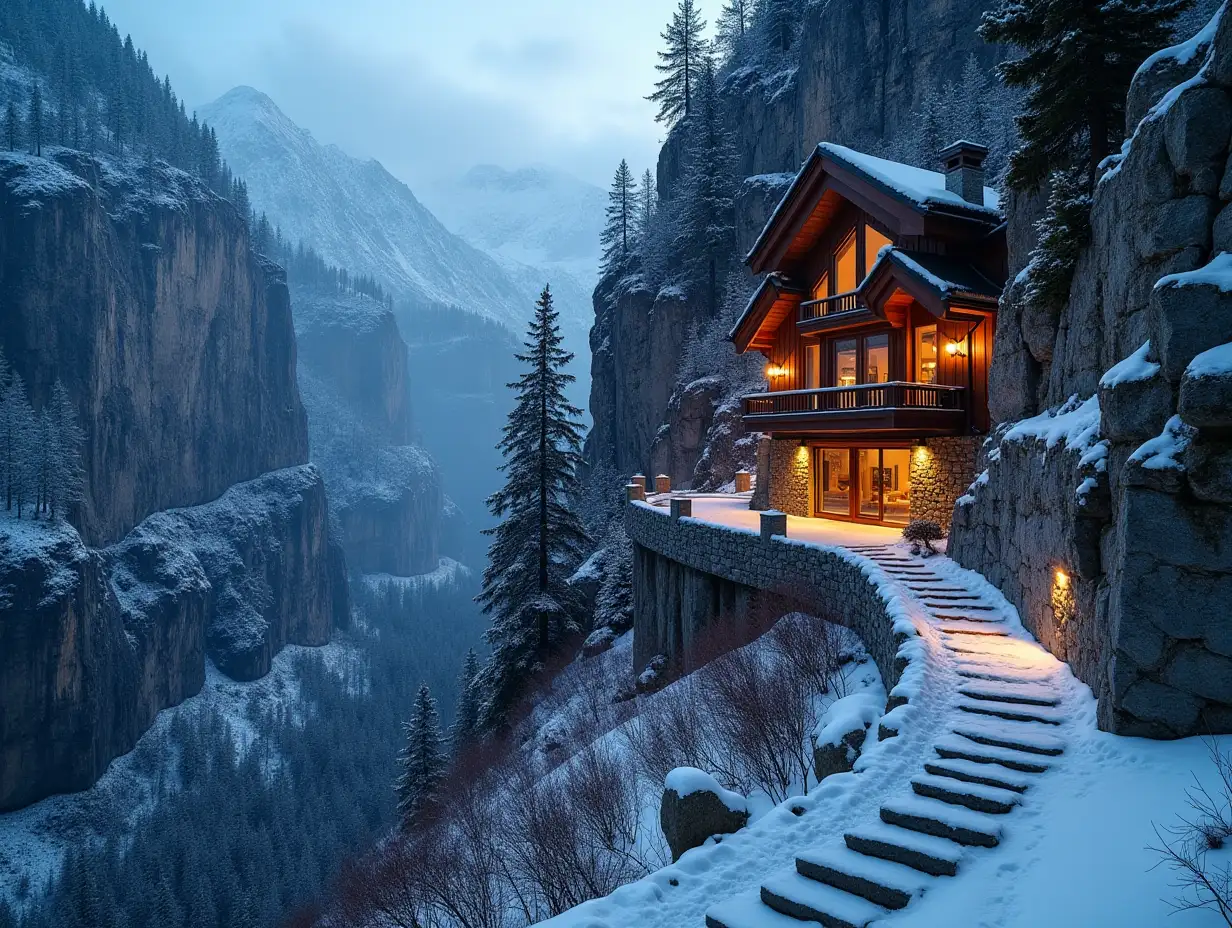 Luxurious-Chalet-Overlooking-Deep-Canyon-in-Snowy-Mountain-Landscape-at-Dusk