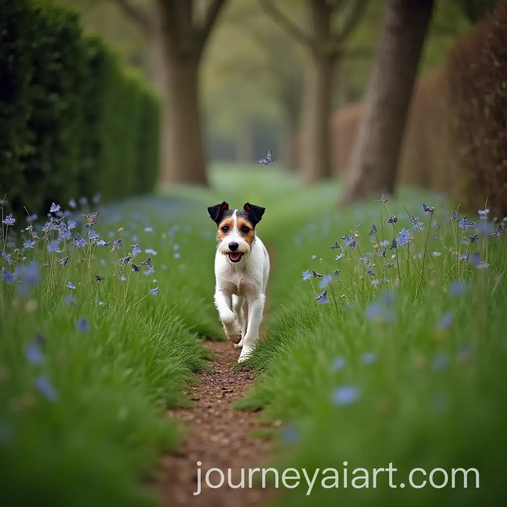 Wirehaired-Fox-Terrier-Walking-Among-Butterflies-in-a-Lush-Garden-Path