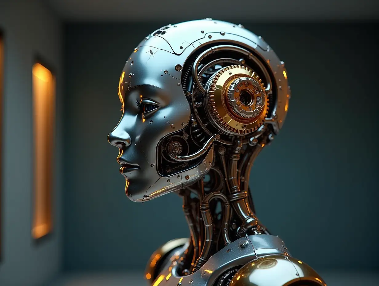 Create a high-resolution, realistic image of the artificial intelligence Robert with metal and glass head with gears,lightwave guides,LED light face 3d 4k resolution with gold and silver ornaments in a robot room