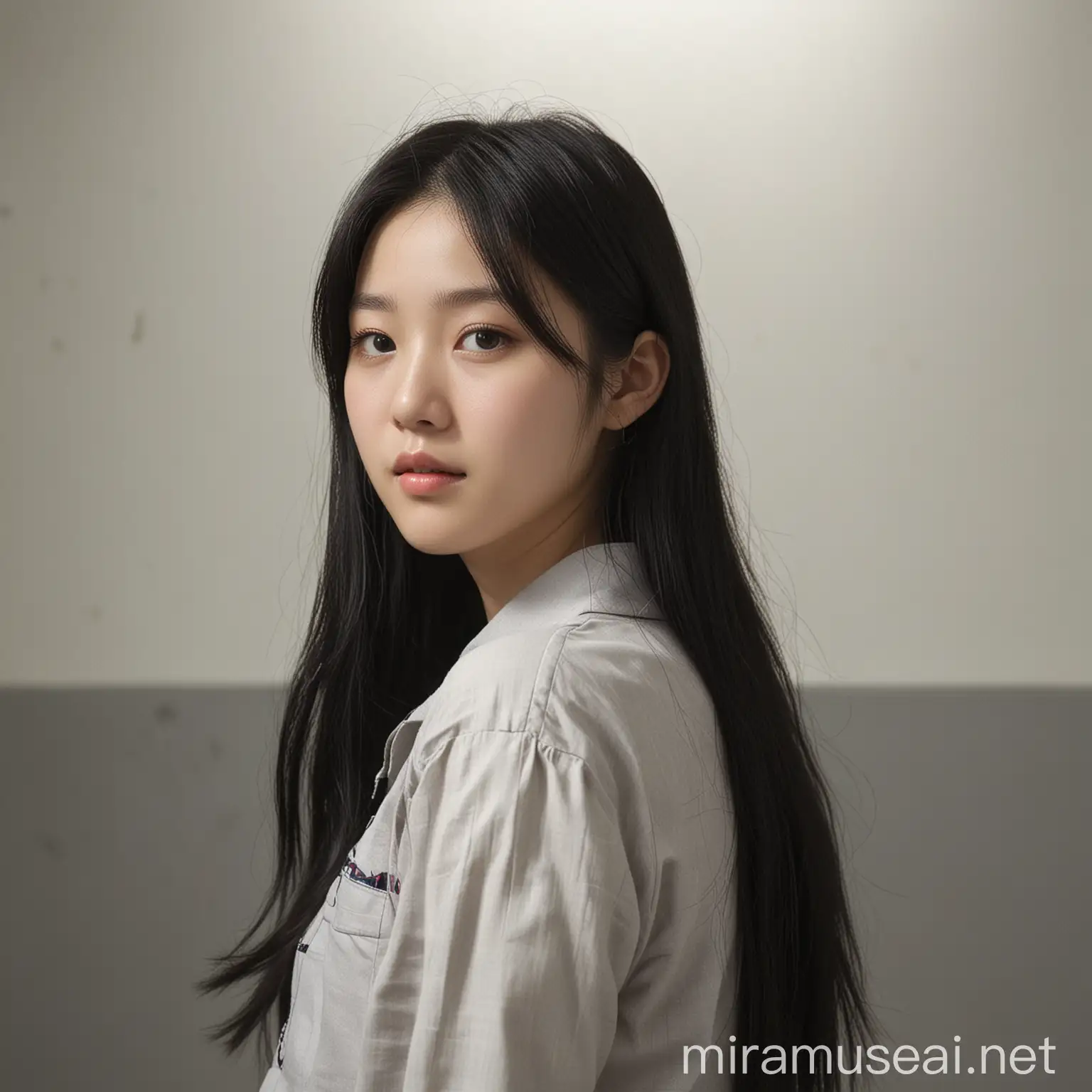 Female College Student with Fair Skin and Long Black Hair from South Korea