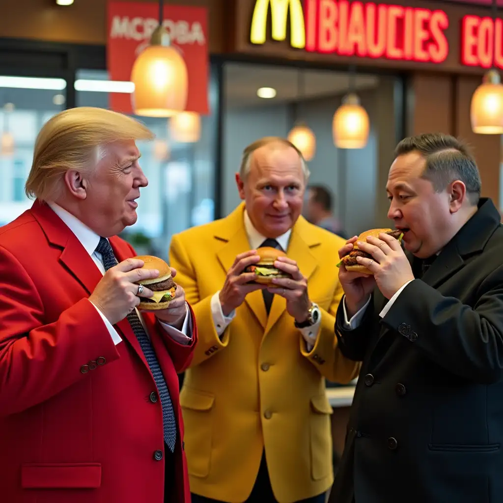 Donald Trump, Vladimir Putin and Kim Jong Un are dressed as the Bee Gees and eating burgers in a McDonalds