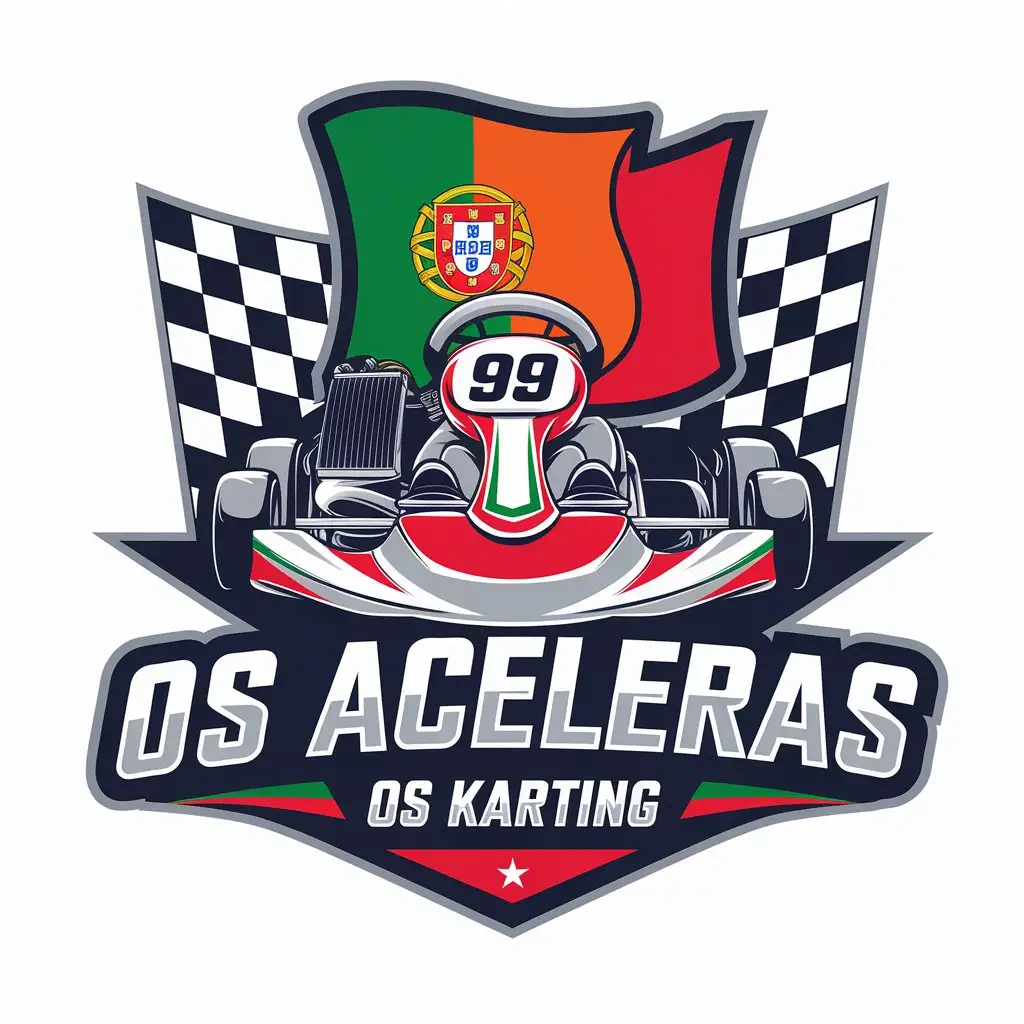 LOGO Design for Os Aceleras Vector Logo Featuring Aceleras and Os Karting with Portugal Flag and Kart Number 99