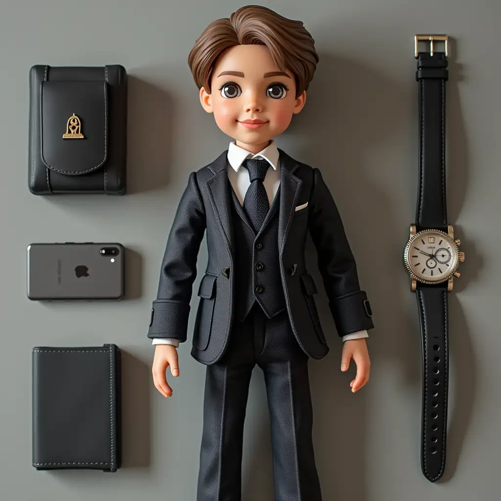 Create a boy toy in a premium suit with a tie, The toy will be named Shesterenko. Let there be a laptop, iPhone, and silver watches in the set