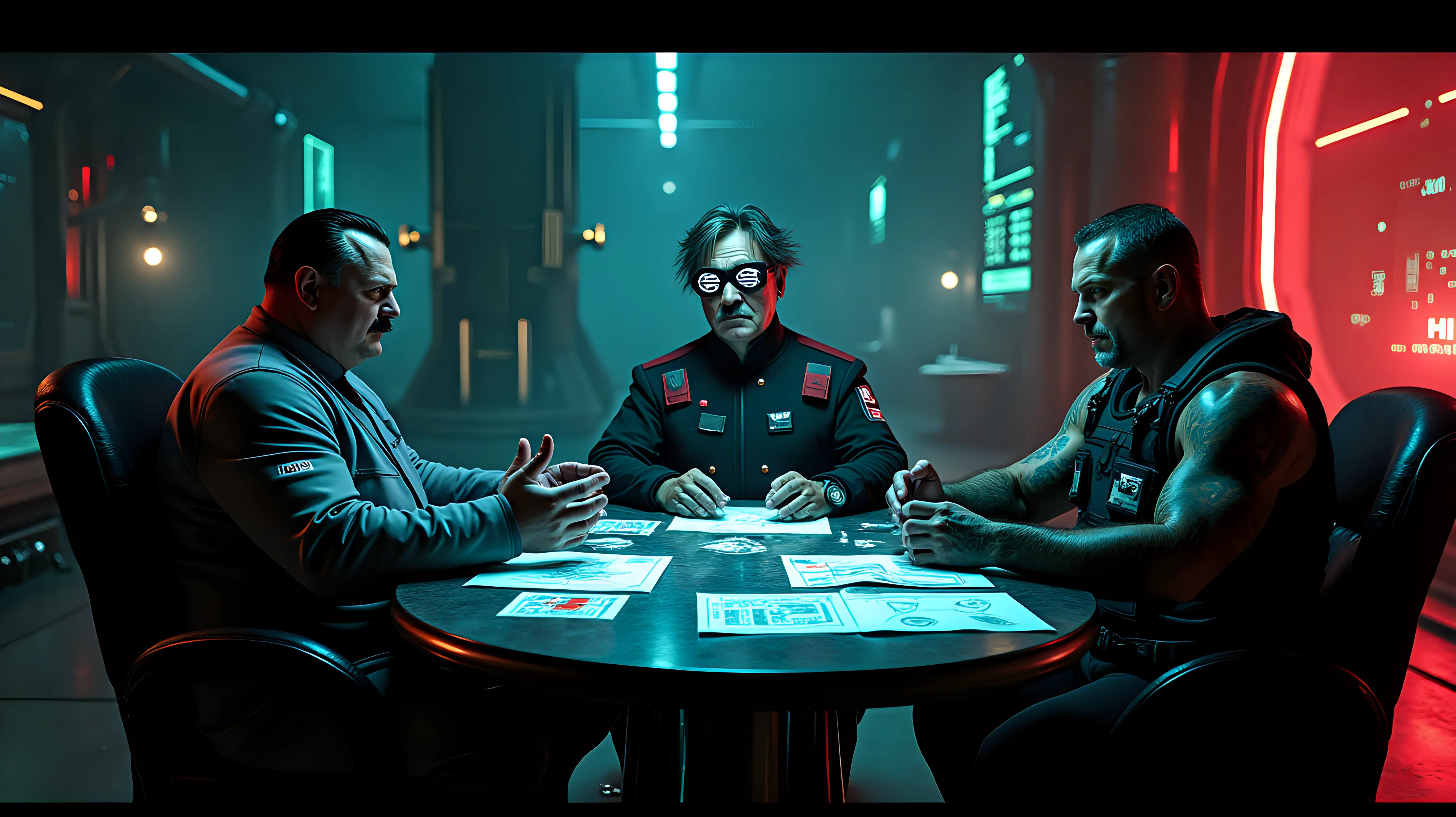 Depict three distinct figures seated around a high-tech, metallic table in the shadowy, industrial interior of Facility 42. The table is surrounded by holographic projections of star maps, tactical data, and schematics, casting soft neon red, blue, and green glows across their faces and the environment.    An obese Adolf Hitler lookalike, pale man in his 50s with slicked-back dark hair, wearing a tight, angular futuristic spacesuit with glowing red and blue accents. His expression is smug and domineering, exuding arrogance and control as he gestures from his position at the head of the table.    A tall, wiry man in his 50s with wild, unkempt hair and oversized glowing goggles. He leans animatedly toward the holograms, his high-tech lab coat glowing faintly with embedded tools and devices, emphasizing his eccentric and obsessive energy.    A muscular, scarred man in his 50s with a gruff demeanor, clad in reinforced combat armor with glowing insignias. He sits rigidly, his powerful frame dominating his chair, one hand resting on a futuristic weapon, projecting quiet strength and authority.    The background features the dark, metallic interior of Facility 42, with towering conduits, flickering industrial lights, and asteroid belt views through massive windows. The color palette is dominated by deep blacks, grays, and neon accents, creating a gritty yet vibrant atmosphere. The scene conveys authority, tension, and eccentricity in a high-stakes discussion.