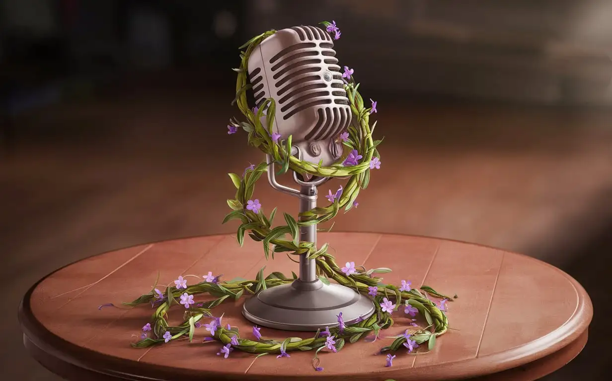 Microphone-on-Wooden-Table-Wrapped-in-Green-Vine-with-Purple-Accents