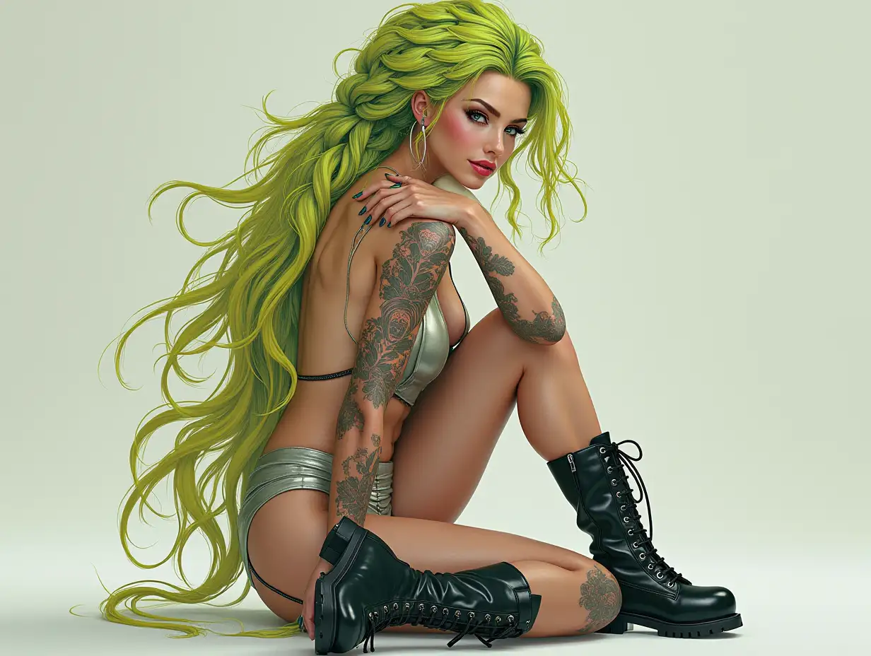 Depiction of a beautiful white woman with -tattoo, long mixed green-yellow braided hair in a futuristic style and laced boots.