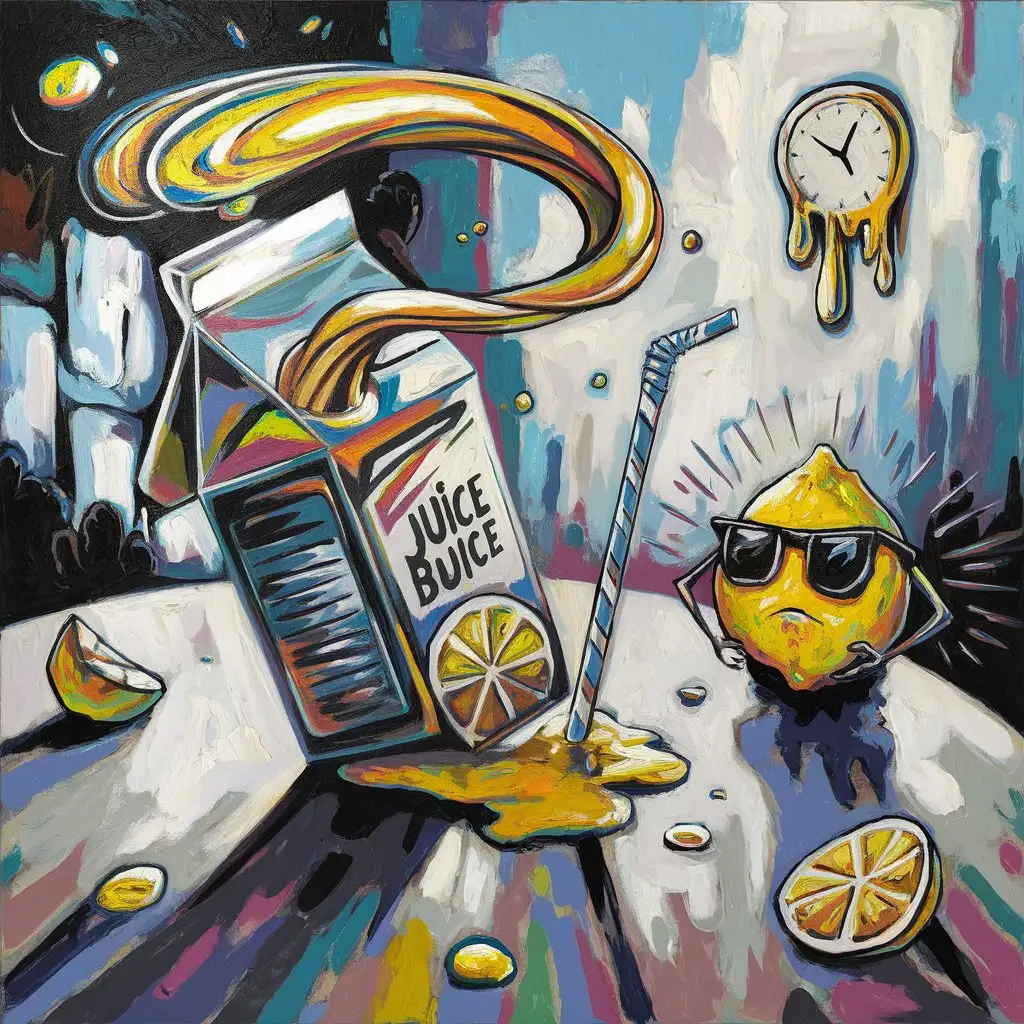 A juice box lies tipped over on a smooth table, but instead of spilling downward, the juice streams upward in a perfect spiral—defying gravity and reason. The straw stands perfectly upright, like a heroic monument. A lemon with sunglasses sits nearby, arms metaphorically crossed, radiating disapproval. In the background, a distant wall clock has melted into the shape of a shrug. Rendered in chaotic abstraction with pops of citrus colour, off-kilter shadows, and unapologetic nonsense.