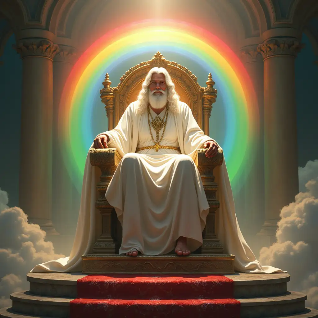 God sitting on his throne, his hair white as snow, the appearance of ruby and jasper, a rainbow surrounding the throne, A rainbow that shone like an emerald encircled the throne.