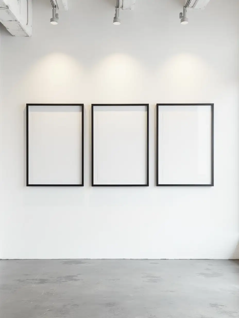 Contemporary-Art-Gallery-in-NYC-with-Three-Large-Black-Art-Frames-on-Concrete-Floor