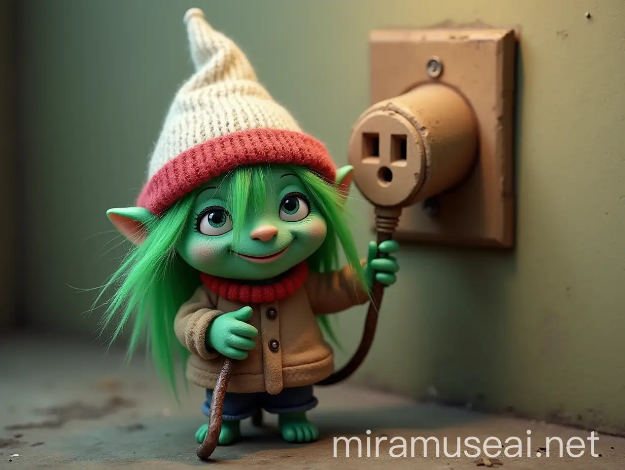 Mystical GreenHaired Troll Holding a Power Plug