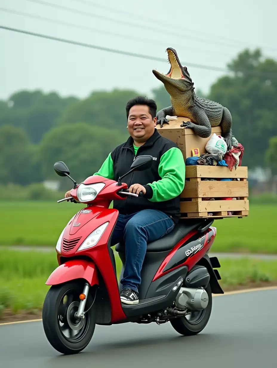 Indonesian-Man-Riding-Honda-Scoopy-Scooter-with-Alligator-on-Crate