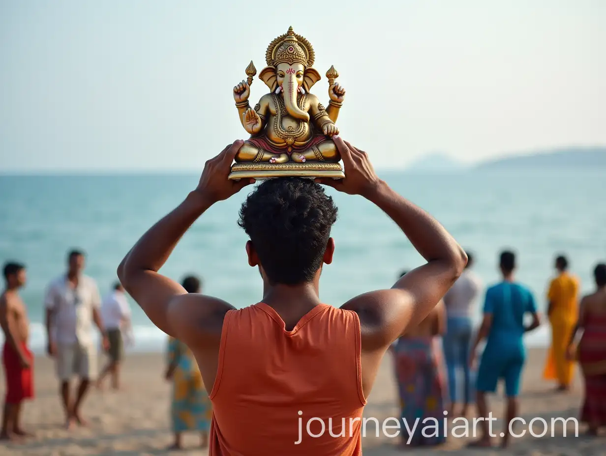 Man-Holding-Ganesha-Statue-Facing-the-Sea-with-People-in-Background
