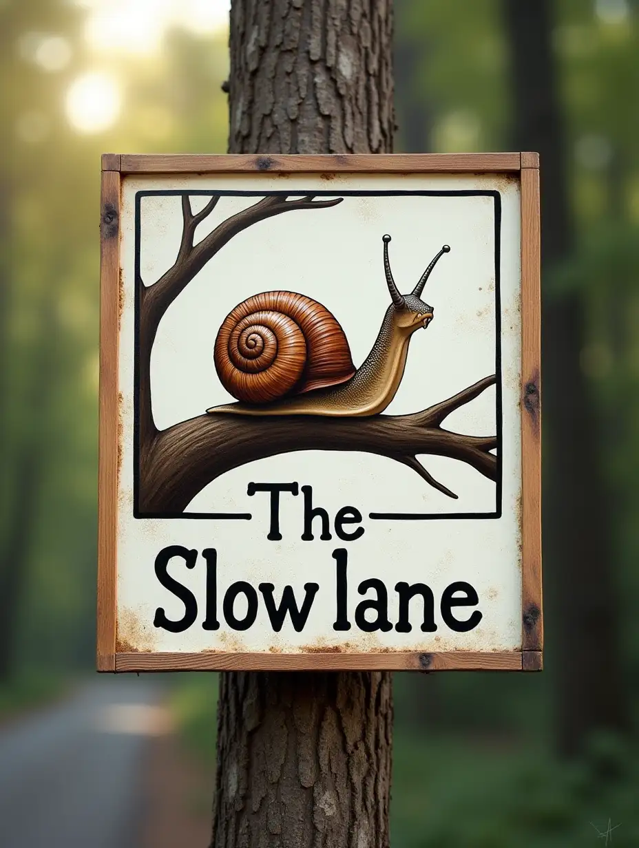 Snail on Tree Branch Sign The Slow Lane in Autobahn Painting Style