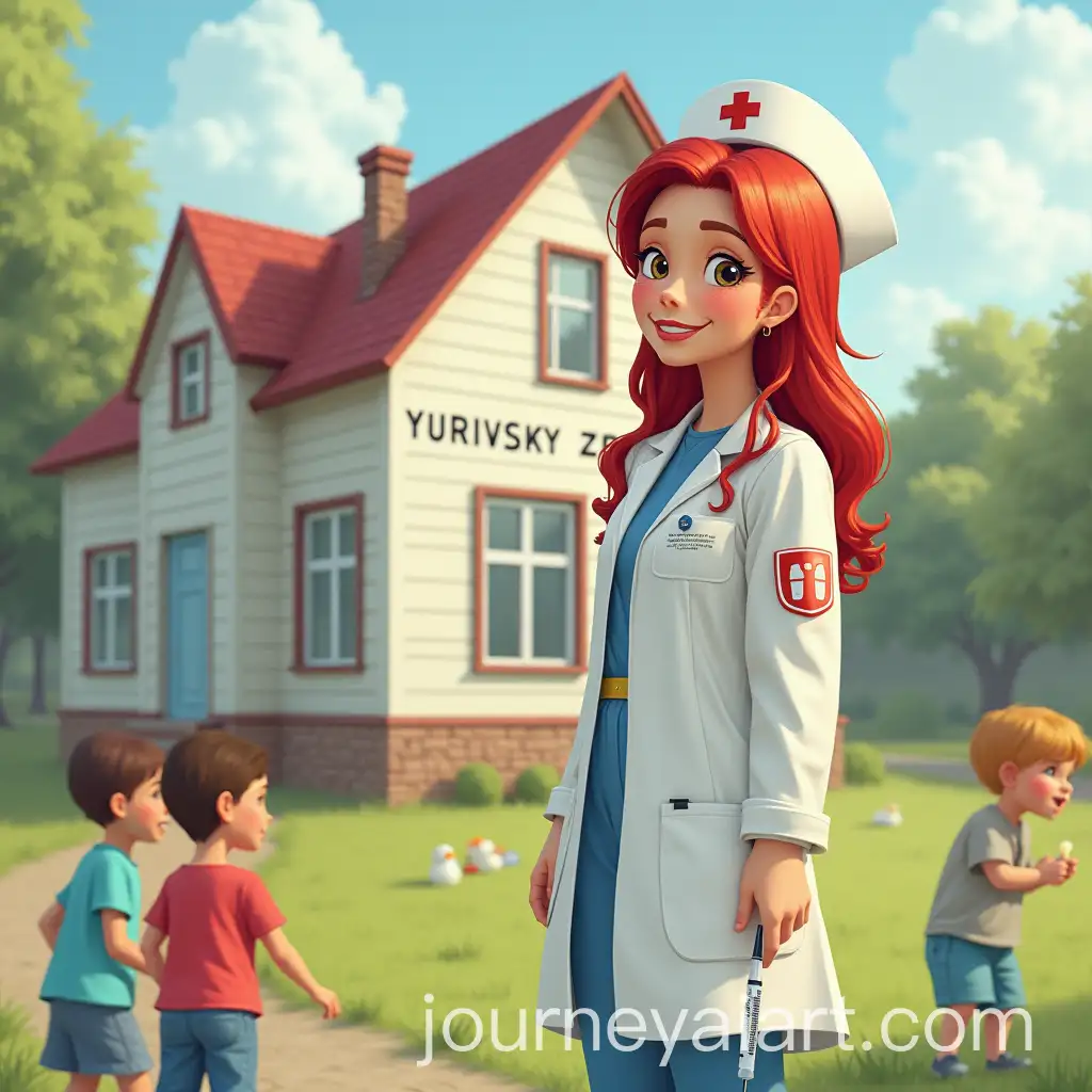Nurse-with-Syringe-in-Front-of-House-and-Children-Playing