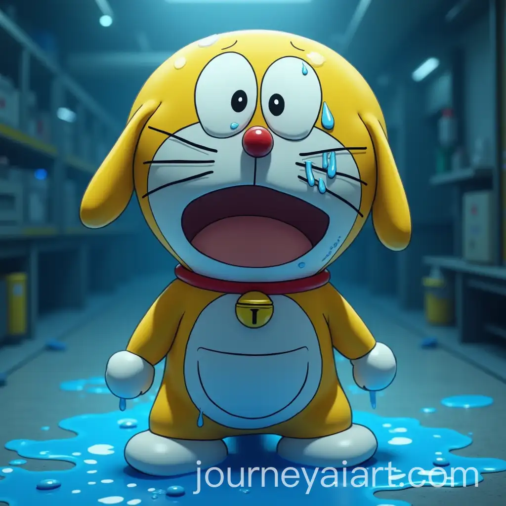 Emotional-Yellow-Doraemon-Crying-in-Futuristic-Japanese-Lab-with-Tears-and-Blue-Paint