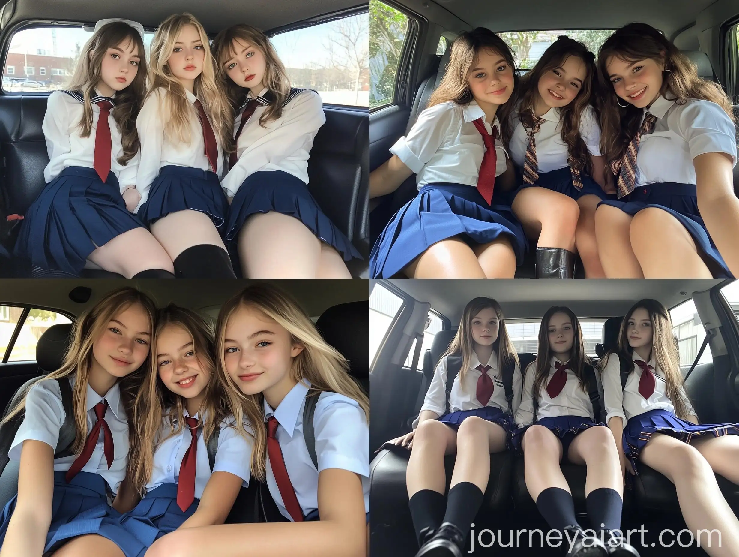 Three-Girls-in-School-Uniforms-Inside-Car-Natural-Photo