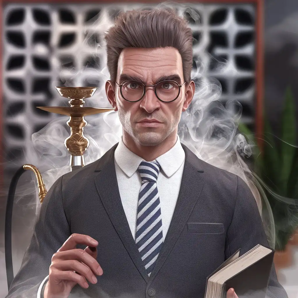 a very smart looking man in front of smoke and a hookah 3d