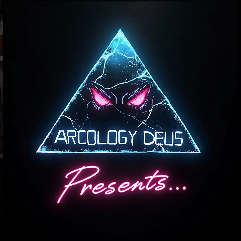 crisp acrylic painting of a logo. It is an image of a futuristic glass flat-topped pyramid with two menacing eyes. It says 'Arcology Deus' at the top in cybernetic lettered font. It says 'Presents...' in stylish neon handwriting script at the bottom. black background.