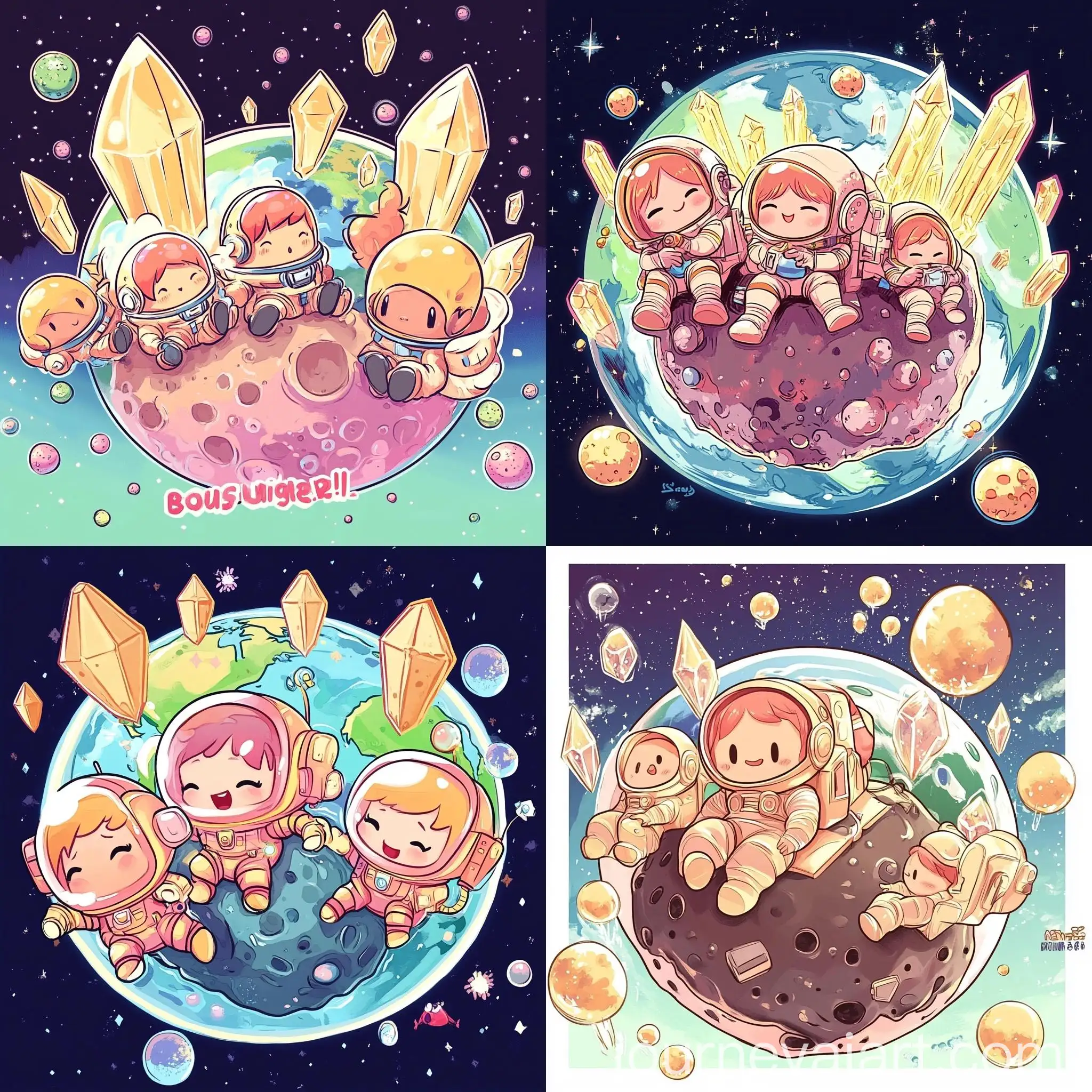 Children-in-Space-Suits-Landing-on-Asteroid-with-Golden-Crystals-and-Floating-Fluffy-Balls-in-Kawaii-Anime-Style