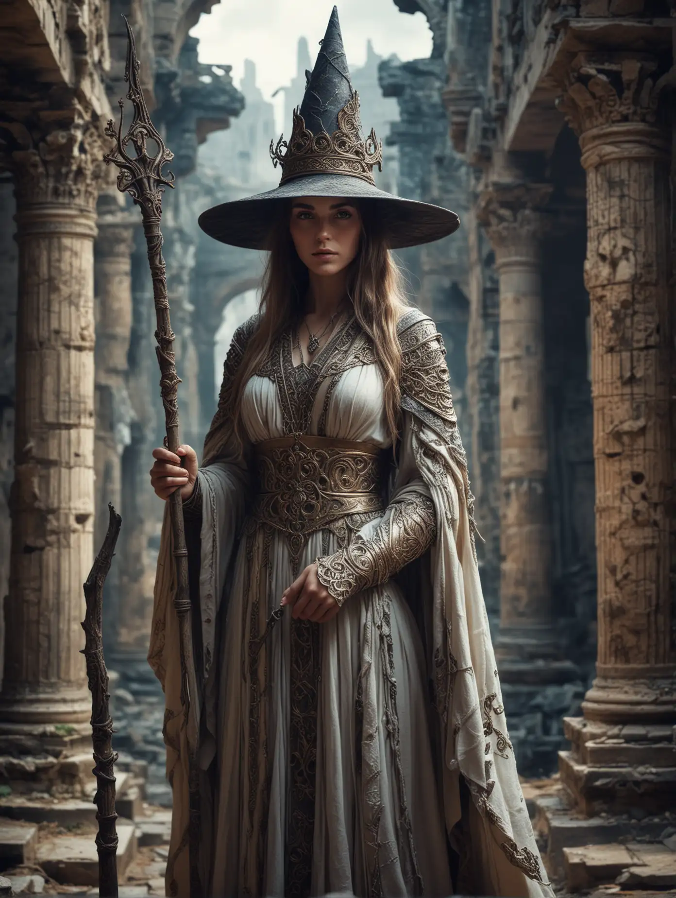 A beauty female wizard in a close-up shot. She stands majestically in the ancient ruins, wearing flowing robes and a pointed hat while holding a staff adorned with intricate ornates. Her presence emanates an aura of power and mystery, perfectly capturing the essence of an epic fantasy scene.