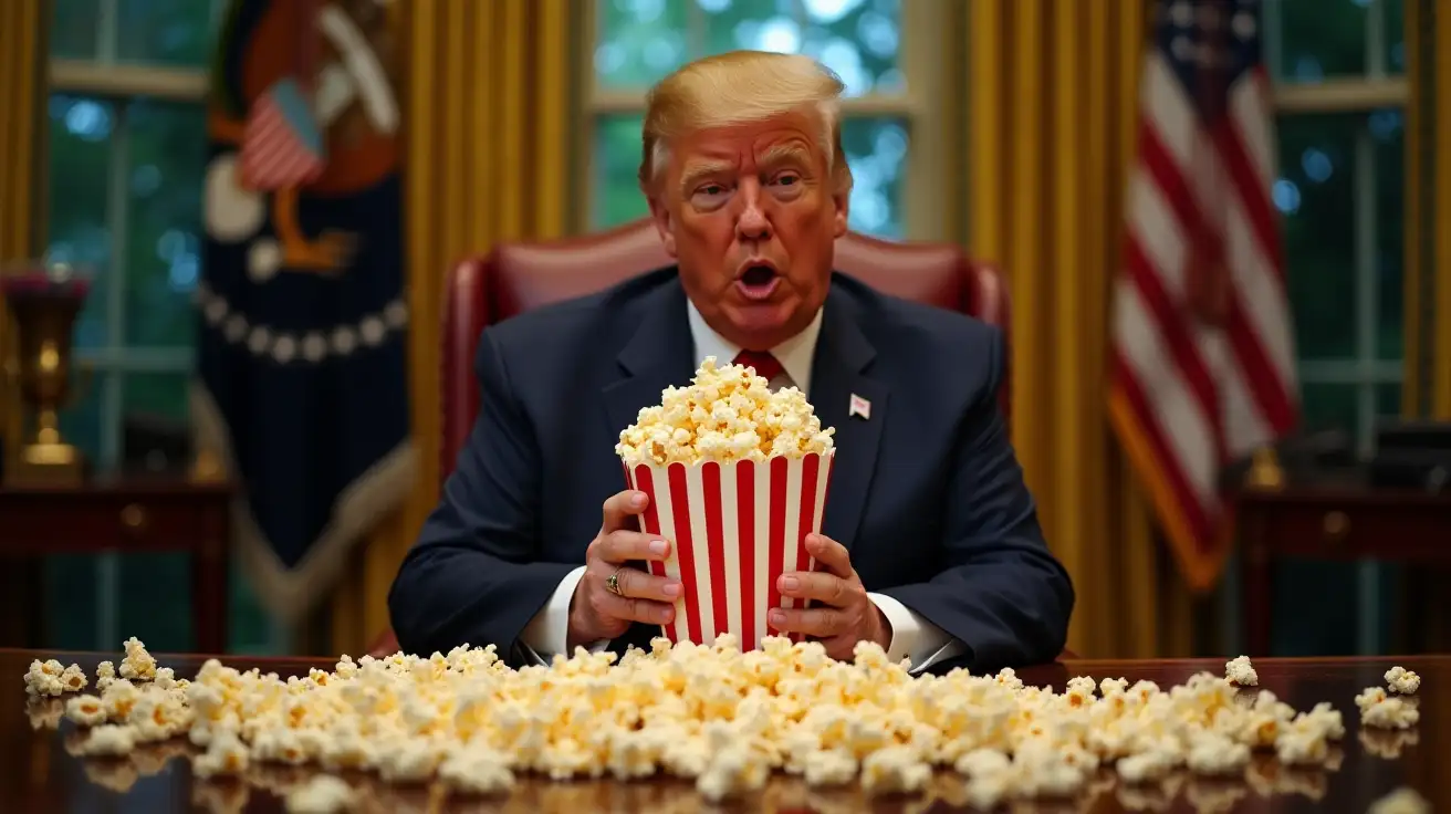 President Trump, sitting in the oval office, eating a gigantic bag of popcorn. There is popcorn spilled all over the place.