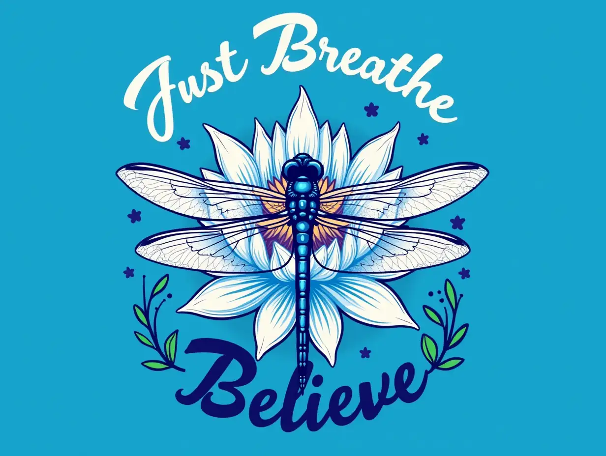 Vector. Create a sublimation design for a dragonfly and lotus flower on a blue background. The design should include the text 'Just Breathe' and 'Believe' in bold, white letters.