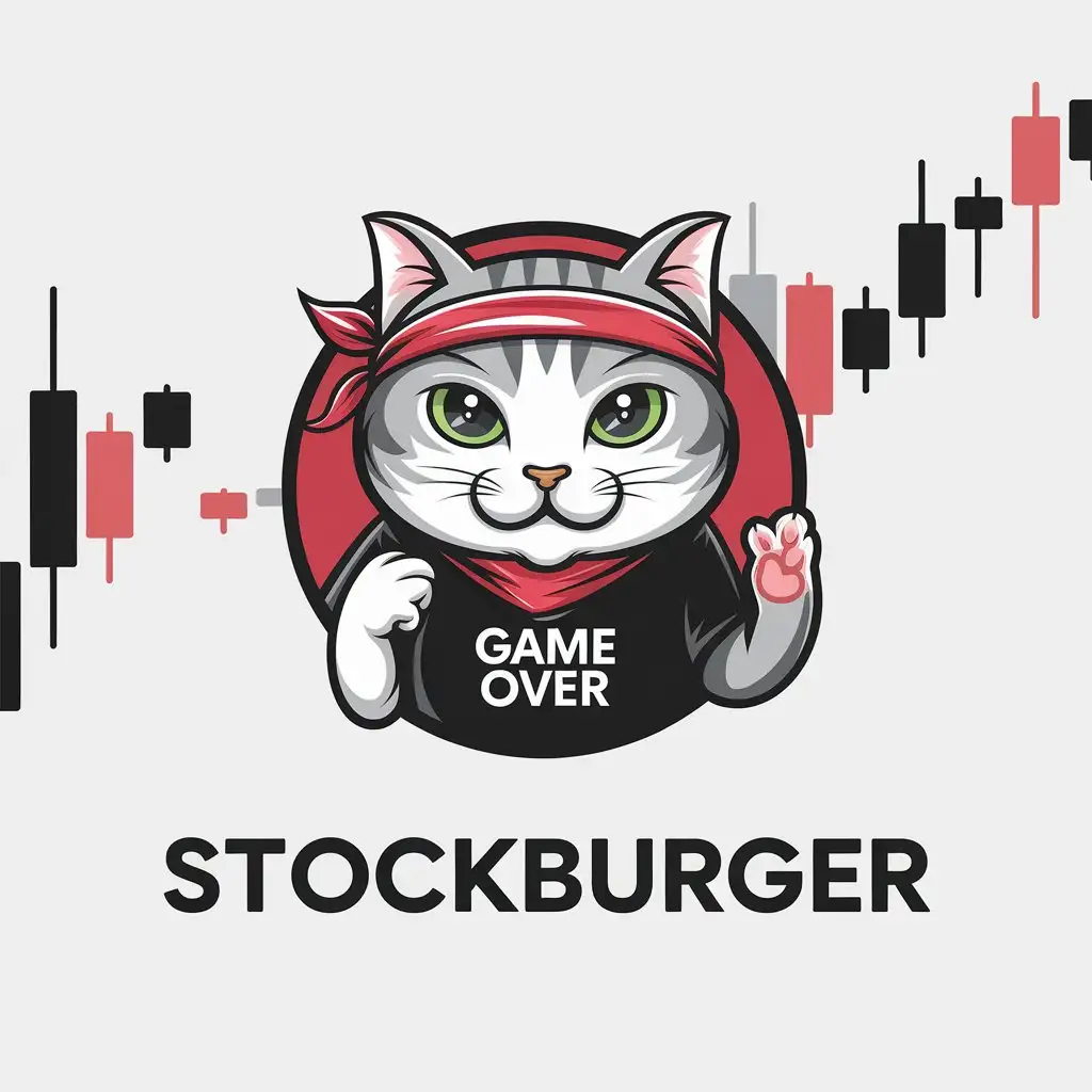 LOGO Design for StockBurger Cat with Red Bandana Game Over Tshirt Trading Candles for Finance Crypto