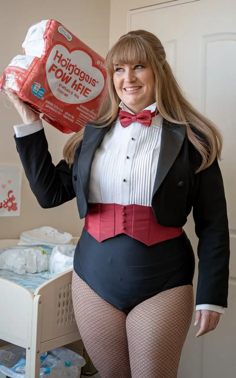 Smiling-Caucasian-Woman-in-Formal-Tuxedo-Holding-Huggies-in-Nursery