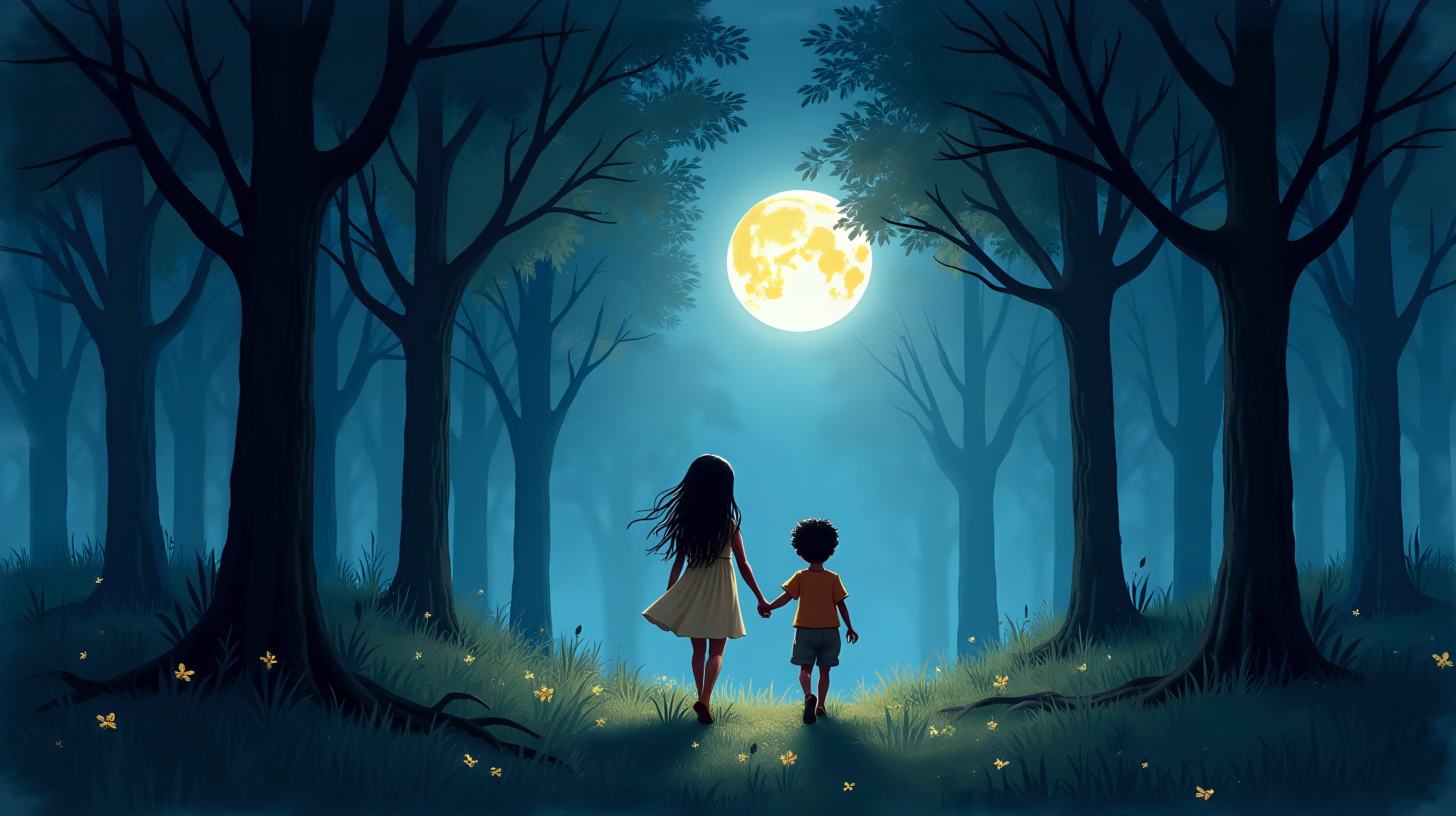 Indian Children Walking Through a Moonlit Forest