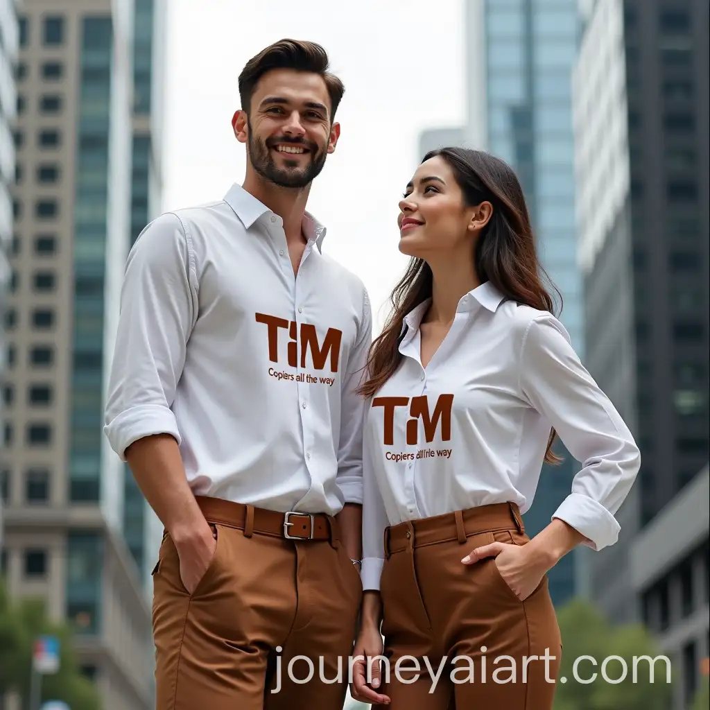 Fashionable-Young-Couple-in-City-Financial-District-with-Business-Smart-Clothing-and-TM-Logo-Shirt