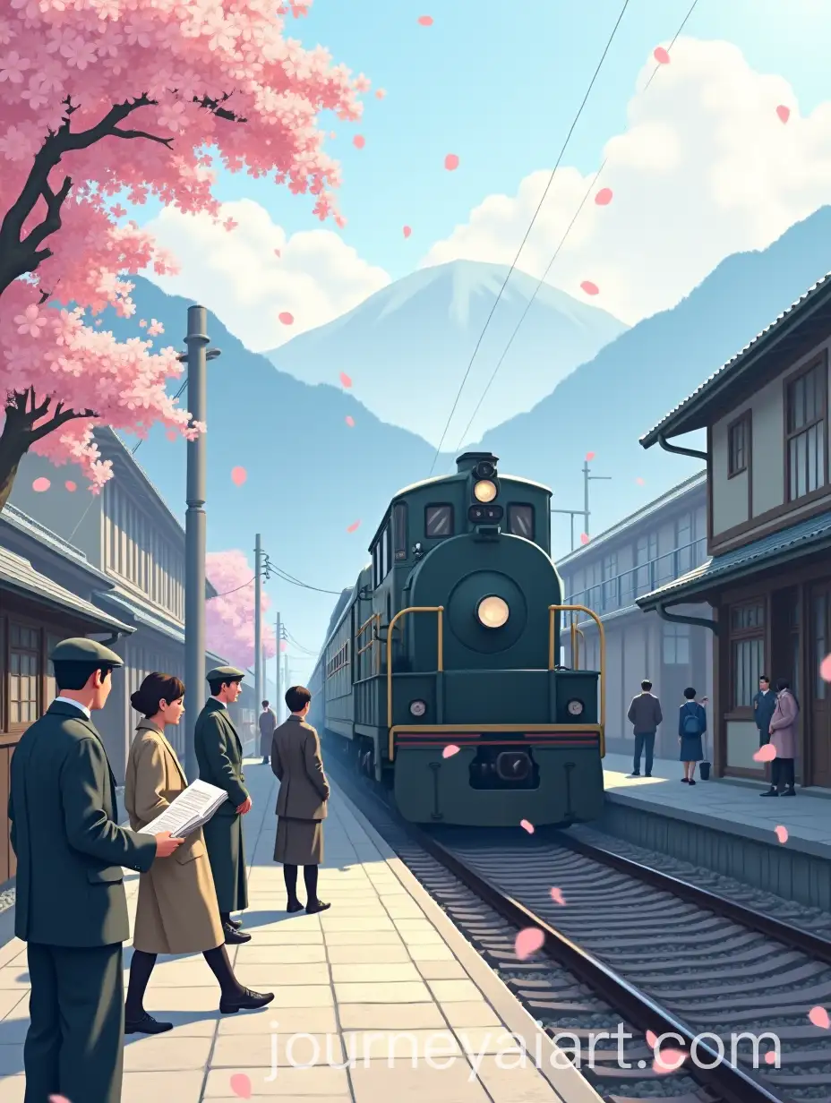 Early-Morning-Train-Arrival-in-1964-Japan-with-Cherry-Blossoms
