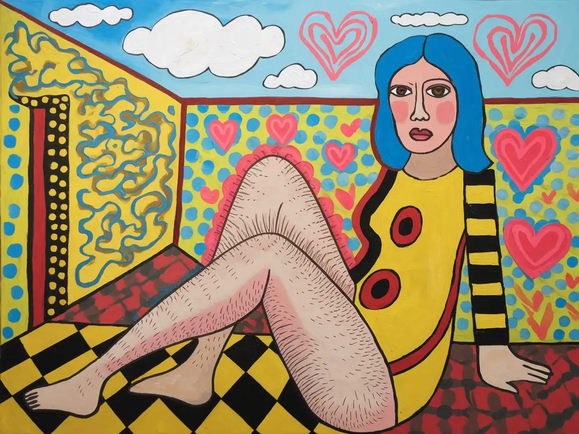 Feminist-Abstract-Artwork-Featuring-Pregnant-Woman-with-Leg-Hair-in-Mondrian-and-Kusama-Style