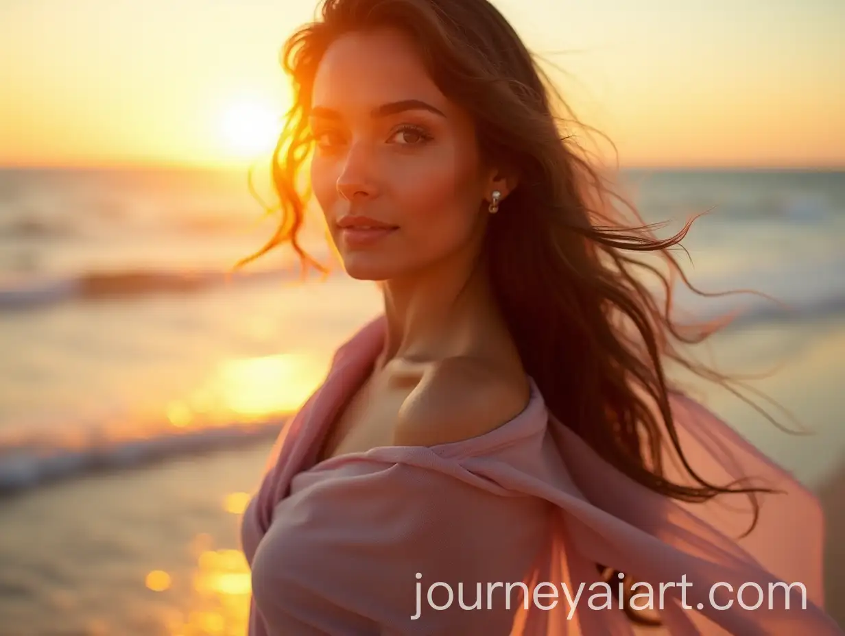 Brunette-Girl-on-the-Beach-at-Sunset-with-Silk-Scarf
