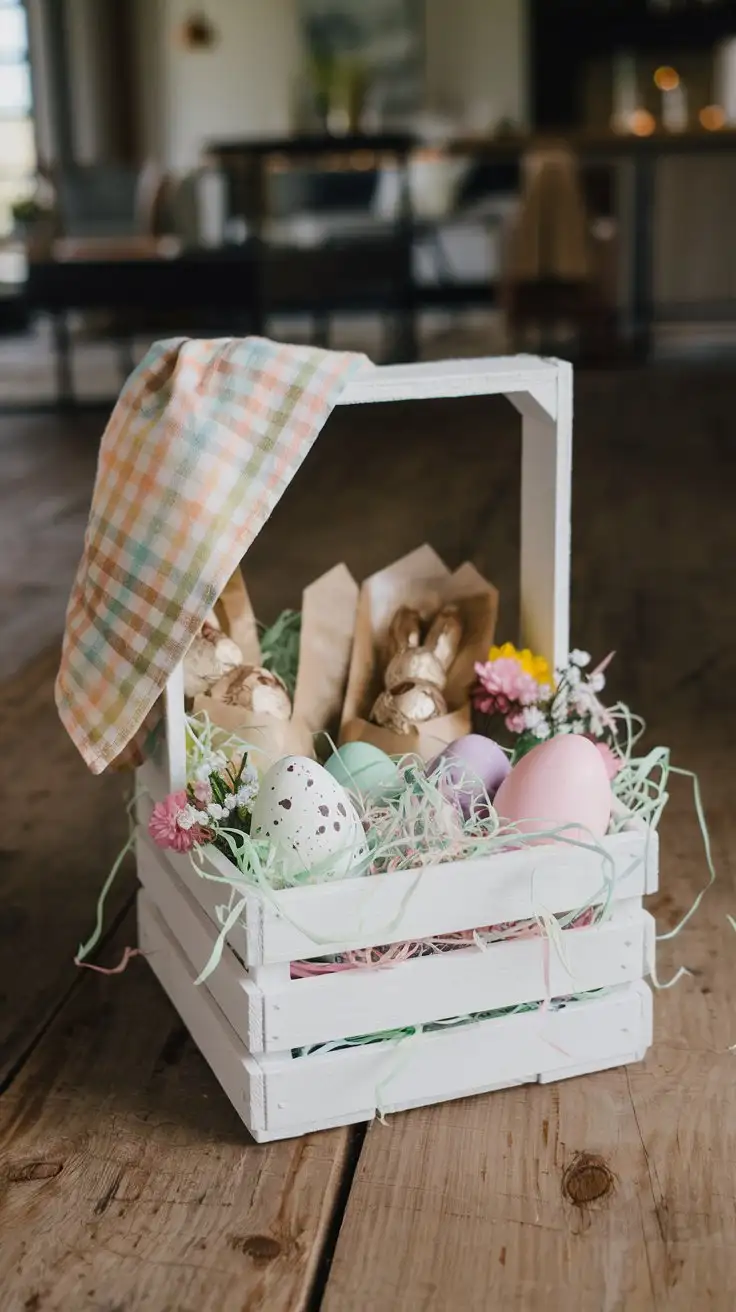 Rustic-Easter-Basket-with-Pastel-Eggs-and-Chocolate-Bunnies-on-Wooden-Floor