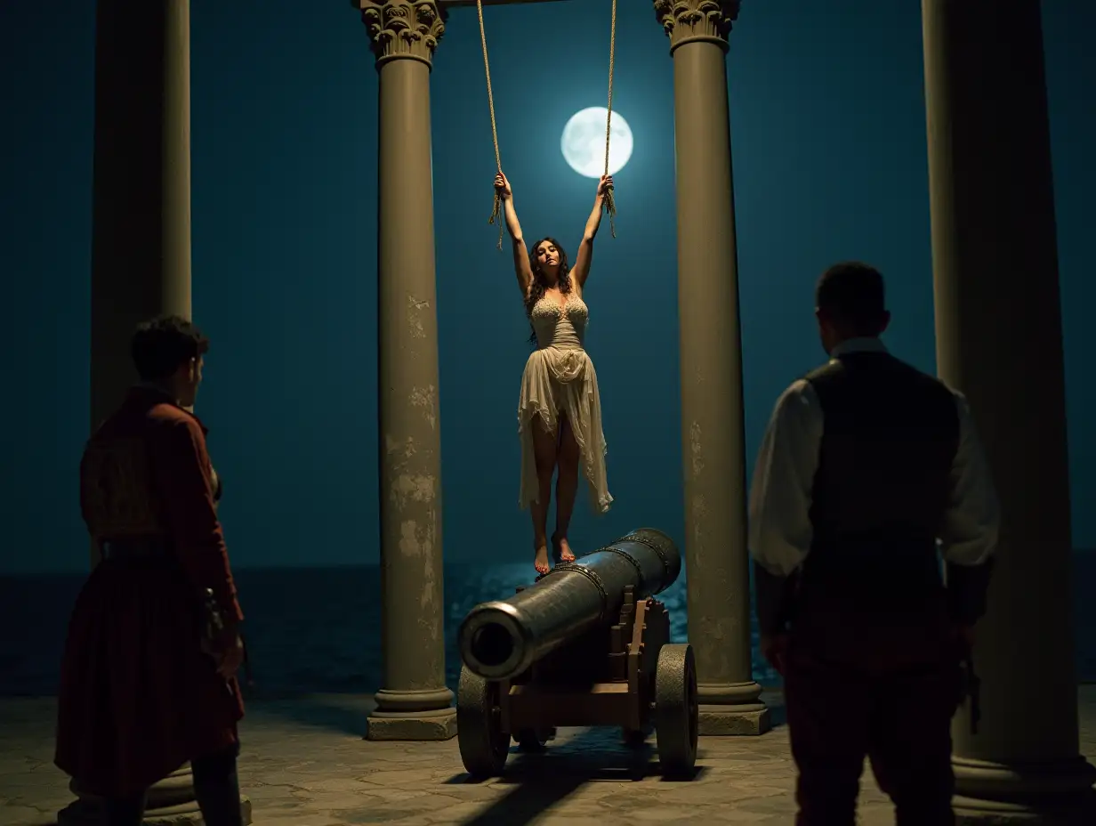 An epic and fantasy scene from 17th century featuring a gorgeous and beautiful woman with torn clothes and drooping hair is stretched on ropes between two pillars in front of the barrel of an XVII century cannon, two soldiers standing aside, outside at night, only moon light and torchrd, high-detailed, photo realistic, intricate details, cinematic view, depth of field, fujifilm xt3, raw photo, 8k uhd, film grain