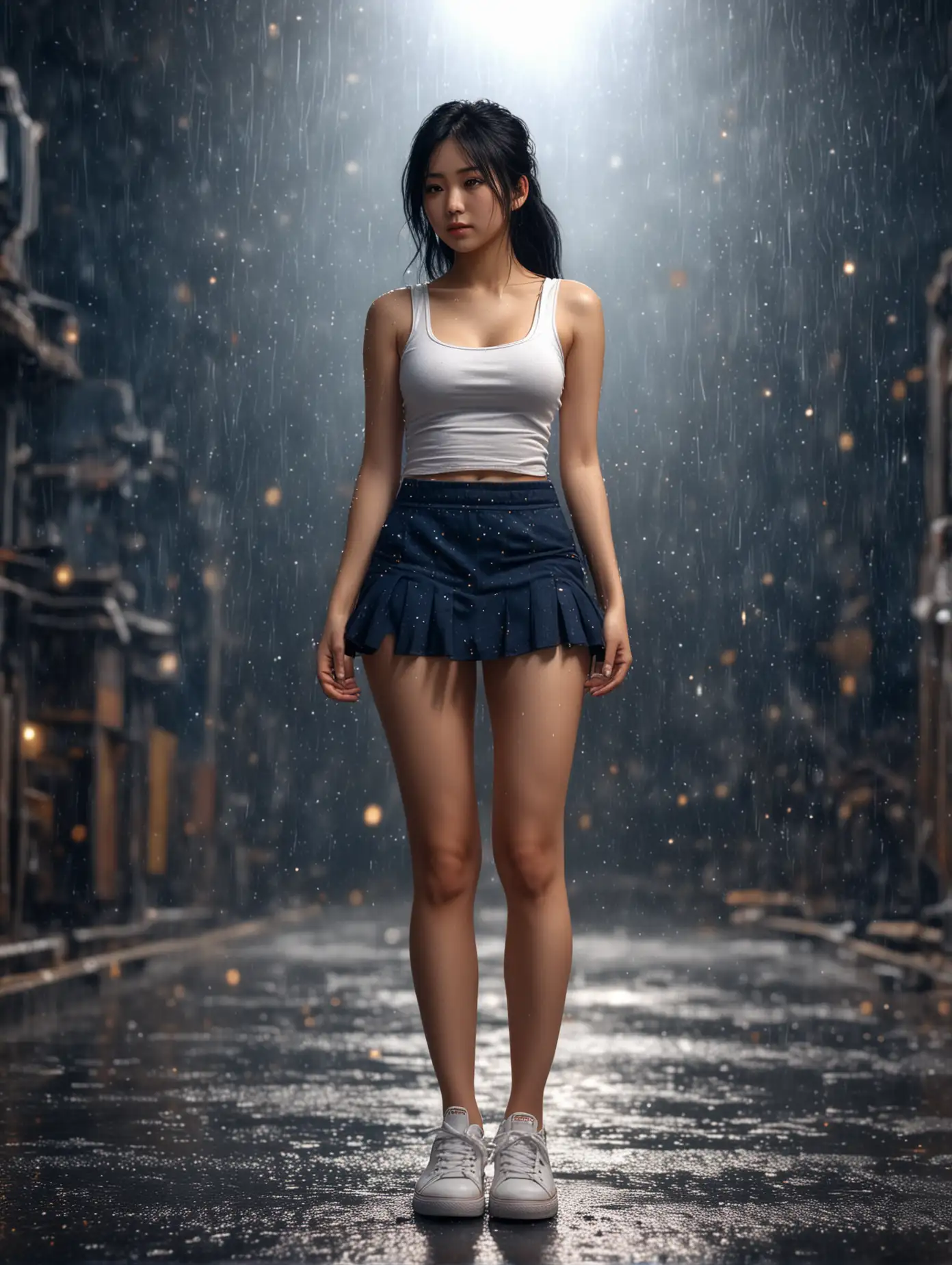 Asian-Woman-in-White-Tank-Top-and-Dark-Blue-Skirt-Surrounded-by-Golden-Sparkling-Rain-and-Fire