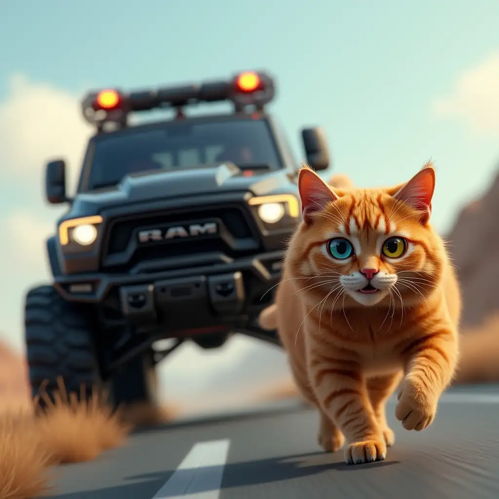 A big black ram trx car is chasing a shaggy ginger cat, who is running away in fear along the road, one of the cat's eyes is blue and the other is yellow, computer graphics