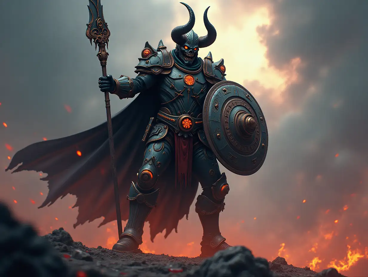 demon of mystical cosmic pirate, in supertechnological mystical armor, disgusting, with a spear and holds a mighty shield, large-scale high-definition detailed illustration in the style of steampunk, battle takes place in terrible poisoned lands, gloomy weather in the sky with bright divine breaks, 8k ultra quality illustration, high resolution