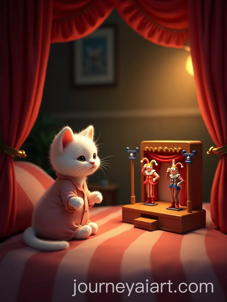 White-Cat-in-Pajamas-Waking-Up-to-Toy-Theater-Stage-with-Harlequins