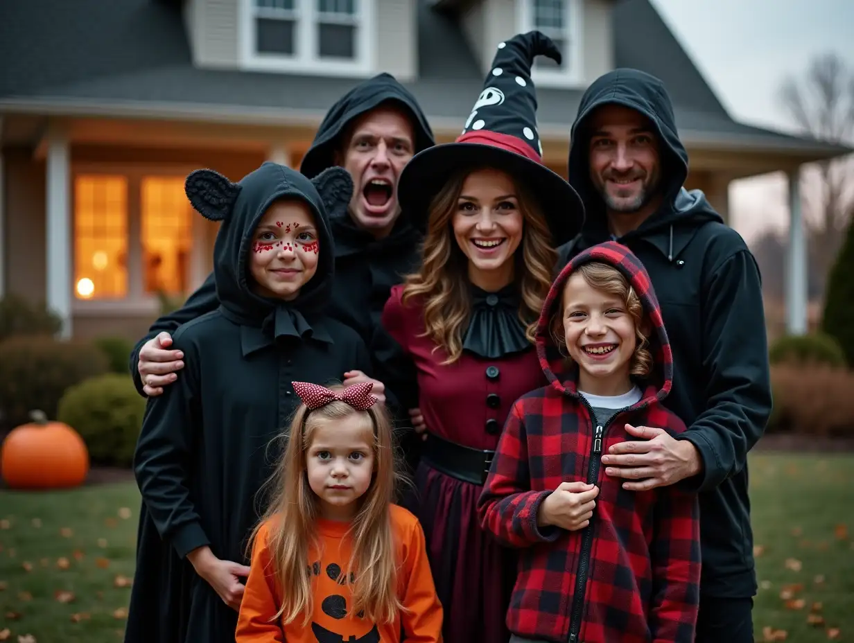 cheerful family in spooky halloween costumes grimacing at camera near house