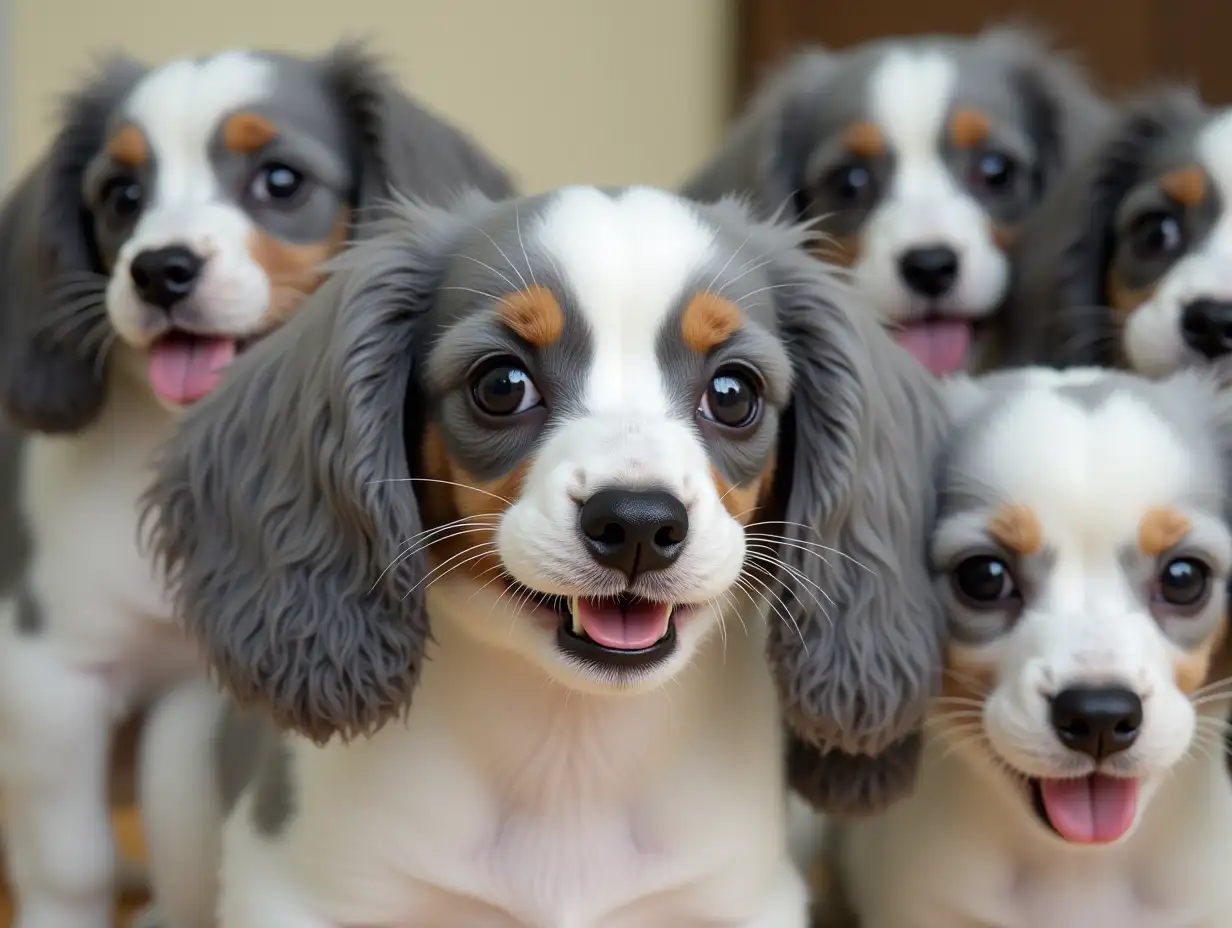 A group of grey polka-dotted Papillon with a long, thin nose, large eyes and open mouth