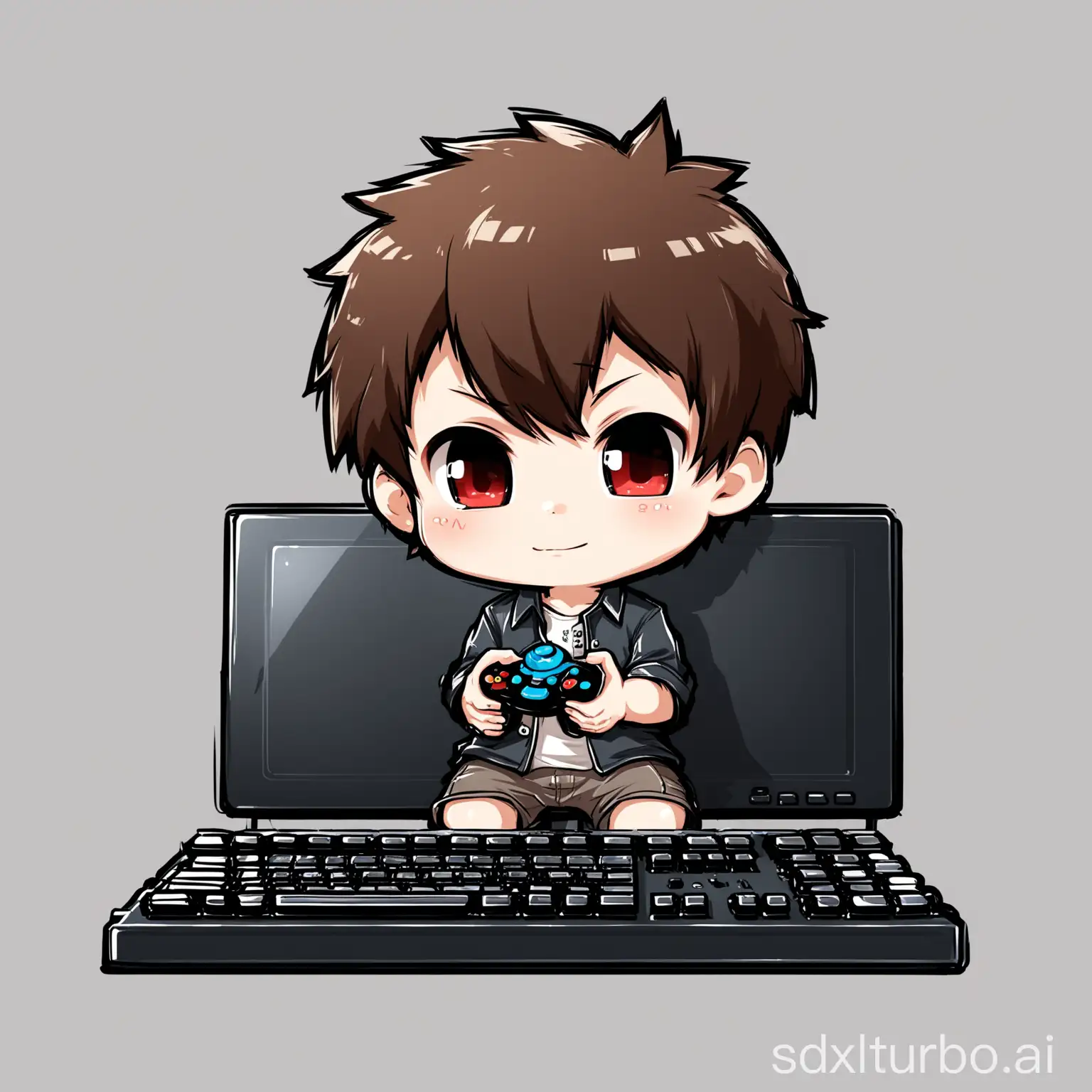 Chibi boy holding a joystick and keyboard